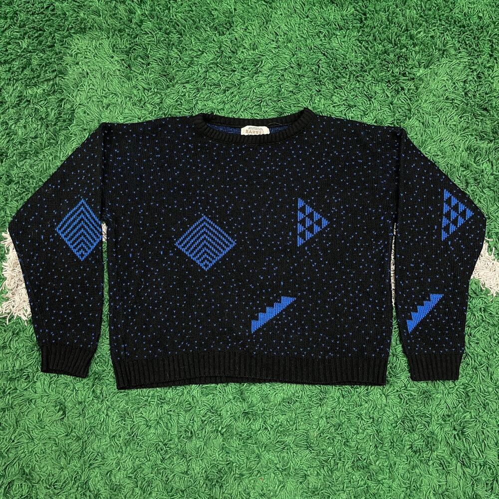 Vintage 90s Barrel Geometric Knit Pullover Sweater Size Small S black Blue B11